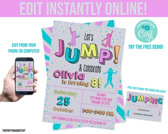 Trampoline Birthday Party Invitation, Girl Bounce, Thank You Card (Digital)