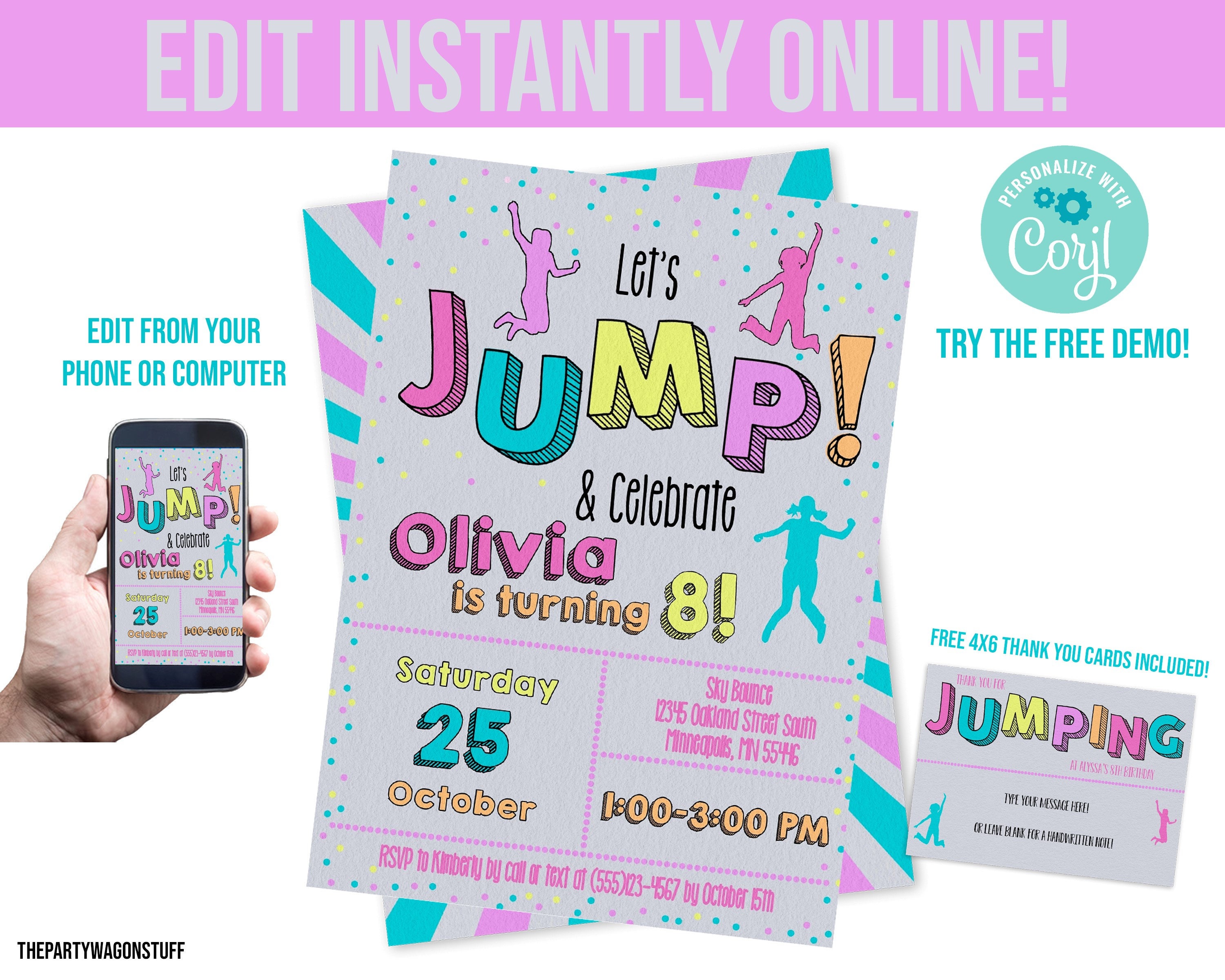 Jump Trampoline Party Personalized Invitation, Free Thank You Cards, …
