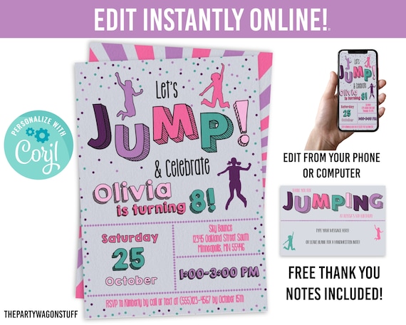 Jump Party Trampoline Invitation, Girls Bounce Birthday Invite, Instant Edit Online, Template, Printable Invitations, Thank You Note Card