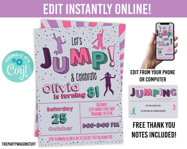 May include: A printable birthday invitation with a purple, pink, and teal color scheme. The invitation features a cartoon girl jumping and the text "Let's Jump! & Celebrate Olivia is turning 8!"  The invitation also includes the date, time, and location of the party.