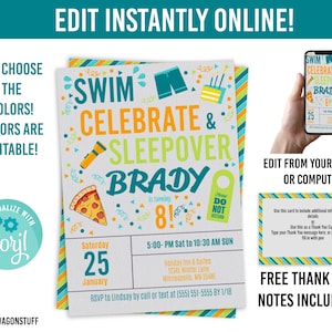 Hotel Swimming Birthday Party Invitation, Boys Swim Sleepover Invite, Boy Overnight Digital Instant Download, Edit online, Slumber Editable