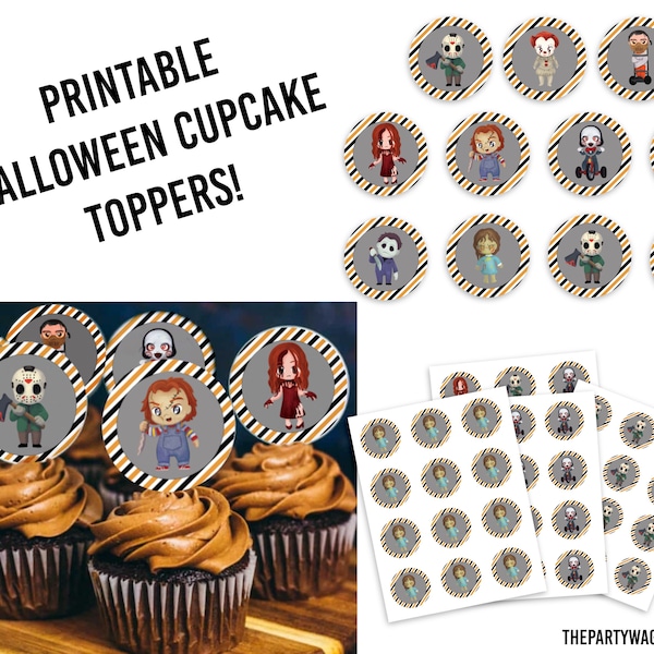 Horror Halloween Party Cupcake Toppers, Printable Costume Party Horror Scary Adult Teen Party Decor, Serial Killer, Spooky Birthday Download