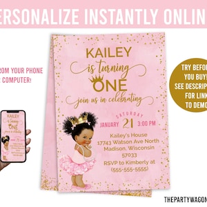Afroamerikanische Vintage-Baby-Prinzessin-Einladung, Retro-Prinzessin-Einladung, sofort online bearbeiten, druckbare digitale Erster Geburtstag, Goldrosa
