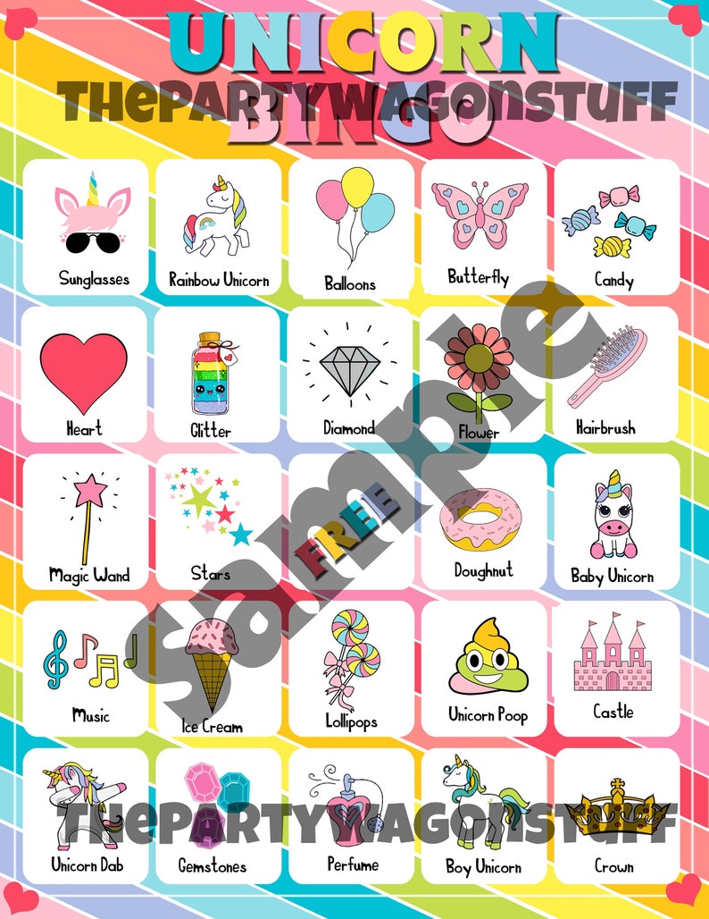 rainbow unicorn bingo printable party game bright and etsy