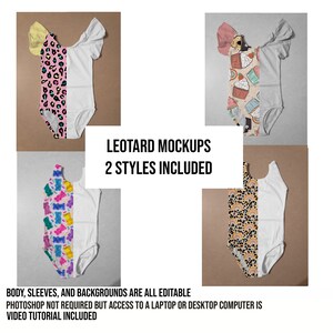 Puede incluir: Cuatro maquetas de leotardos con diferentes patrones. Los leotardos son blancos con un patrón colorido en un lado. Los patrones incluyen un estampado de leopardo, un estampado de cupcake, un estampado de osito de goma y un estampado de arcoíris. El texto "LEOTARD MOCKUPS 2 STYLES INCLUDED" se muestra en el centro de la imagen. El texto "BODY, SLEEVES, AND BACKGROUNDS ARE ALL EDITABLE PHOTOSHOP NOT REQUIRED BUT ACCESS TO A LAPTOP OR DESKTOP COMPUTER IS VIDEO TUTORIAL INCLUDED" se muestra en la parte inferior de la imagen.