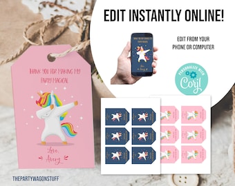 Unicorn Personalized Favor Bag Tags, Unicorn Birthday Thank You Goody Tag Gift Tag , Party Favor Thanks Editable Printable Instant Download,