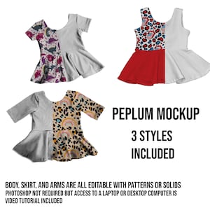 May include: Three mockups of a peplum top with different patterns. The top is gray with a peplum skirt and short sleeves. The patterns are dinosaurs, leopard print, and red, white, and blue. The text "PEPLUM MOCKUP 3 STYLES INCLUDED" is at the bottom of the image.