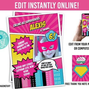 Meisje superheld verjaardagsfeestje foto uitnodiging sjabloon, gratis Bedankkaart, meisjes superheld uitnodigen, Instant Online bewerken, afdrukbare digitale