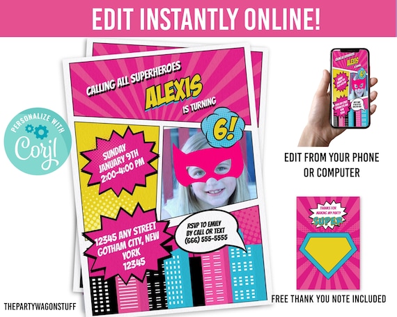Girl Superhero Birthday Party Photo Invitation Template Free Etsy