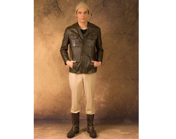 Vintage 70s brown real leather casual men's jacket