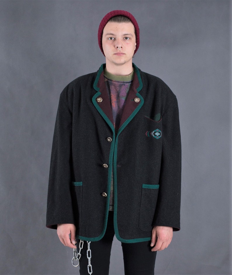 Vintage 90s dark grey wool Tyrol style mens Janker Jacket blazer Trachtenjanker by Julius Lang \u2022 menswear vintage clothing size L