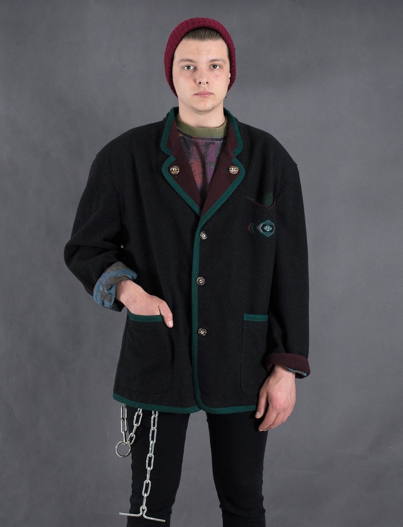 Vintage 90s dark grey wool Tyrol style mens Janker Jacket blazer Trachtenjanker by Julius Lang \u2022 menswear vintage clothing size L