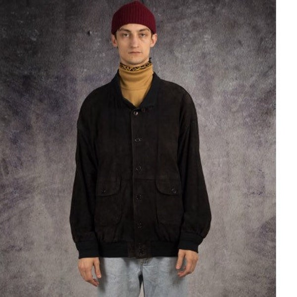 Chaqueta retro 90s grunge hombre, negro, slouchy, ante con cierre de botones / Mooha Menswear