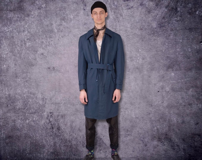 Vintage 90s men's navy blue, knee length detective trench coat / menswear vintage clothing by MOOHA
