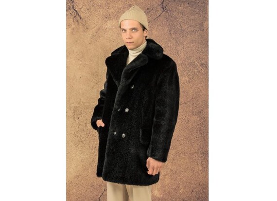 lVintage 70s swag men's black faux fur coat, doubl