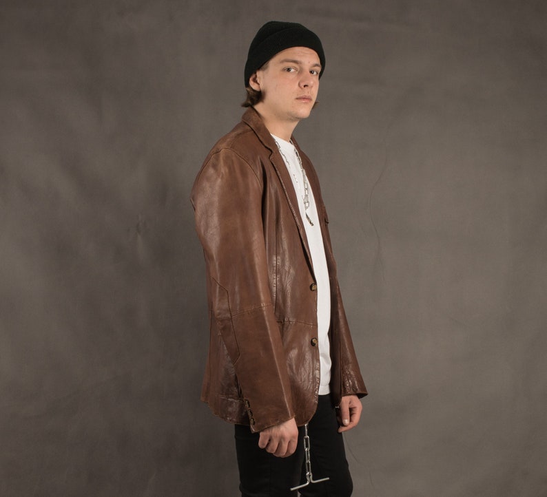 Vintage 90s brown real leather casual men/'s jacket blazer classic car coat size M