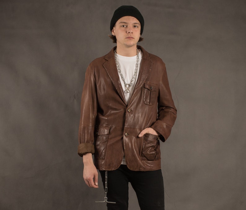 Vintage 90s brown real leather casual men/'s jacket blazer classic car coat size M