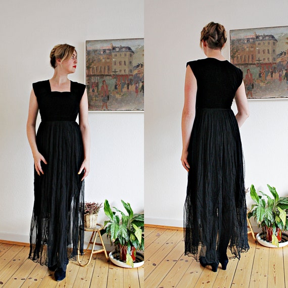1940s Black Velvet and Tulle Cocktail Dress