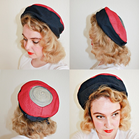 1940s Navy, Pink And White Soft Halo Hat - image 1