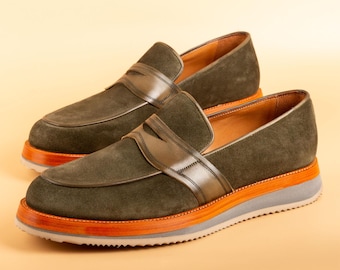 Men's Suthep Green Suede Leather Loafers, Dress Shoes
