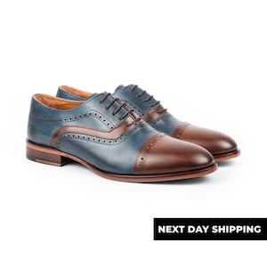 Zerbay Eryx Men's Navy & Brown Crust Leather Handpainted Cap Toe Oxford Handcrafted Dress Shoes Leather Outsole Full Size Blake Stitched