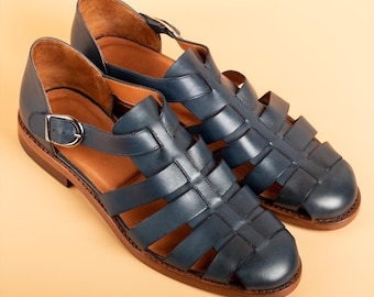 Sandalias griegas de cuero azul marino para hombre, hechas a mano con costura Blake