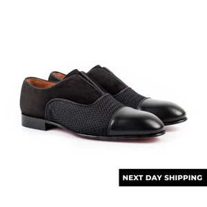 Zerbay Huila Men&#39;s Black Calf & Suede Leather Cap Toe Oxford Handcrafted Dress Shoes Leather Outsole Full Standard Size Blake Stitched