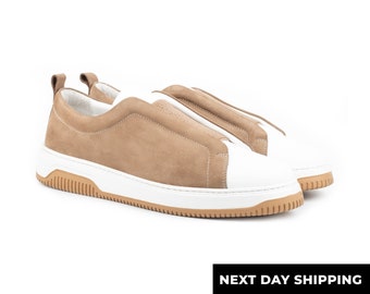 Zerbay Kamet Men&#39;s White & Cream Casual Slip On Nubuck Leather Handcrafted Shoes Gift Eva Outsole Full Standard Size Side Wall Sole Stitched