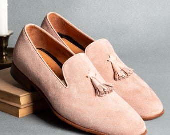Men's Hekla Pink Suede Leather Tassel Loafers, Blake Stitched