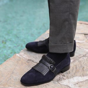 Men's Neblina Navy Suede Leather Single Monk Strap Dress Shoes image 1