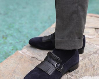Men's Neblina Navy Suede Leather Single Monk Strap Dress Shoes