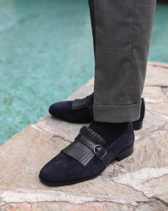 Men's Neblina Navy Suede Leather Single Monk Strap Dress Shoes