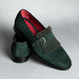 Men's Neblina Green Suede Leather Monk Strap Shoes, Blake Stitched Dress Shoes image 1
