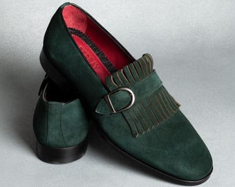 Men's Neblina Green Suede Leather Monk Strap Shoes, Blake Stitched Dress Shoes