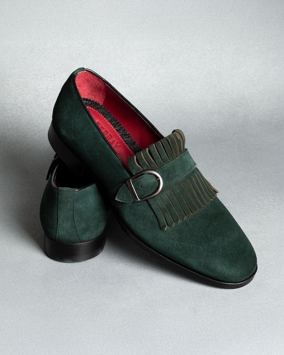 Men's Neblina Green Suede Leather Monk Strap Shoes, Blake Stitched Dress Shoes