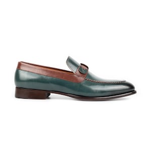 Men's Tahan Green Crust Buffalo Leather Loafers, Blake Stitched Dress Shoes image 5