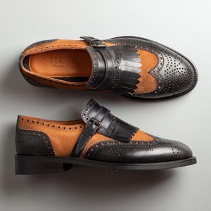 Men's Kabru Navy-Tan Leather Monk Strap Dress Shoes image 1