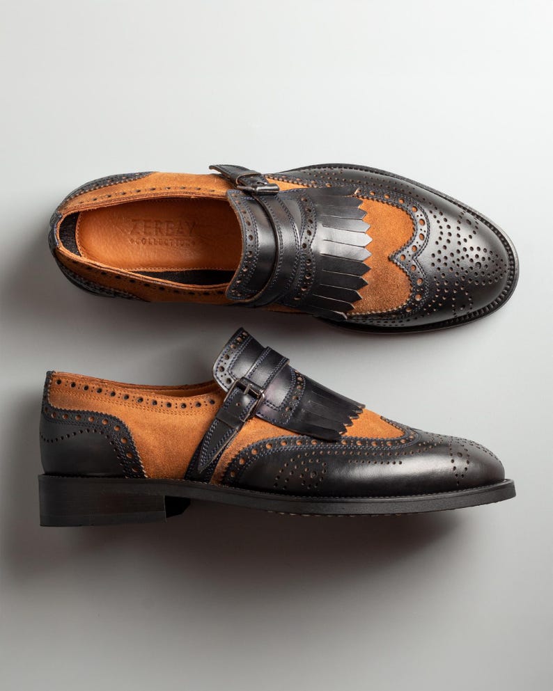 Men's Kabru Navy-Tan Leather Monk Strap Dress Shoes image 1