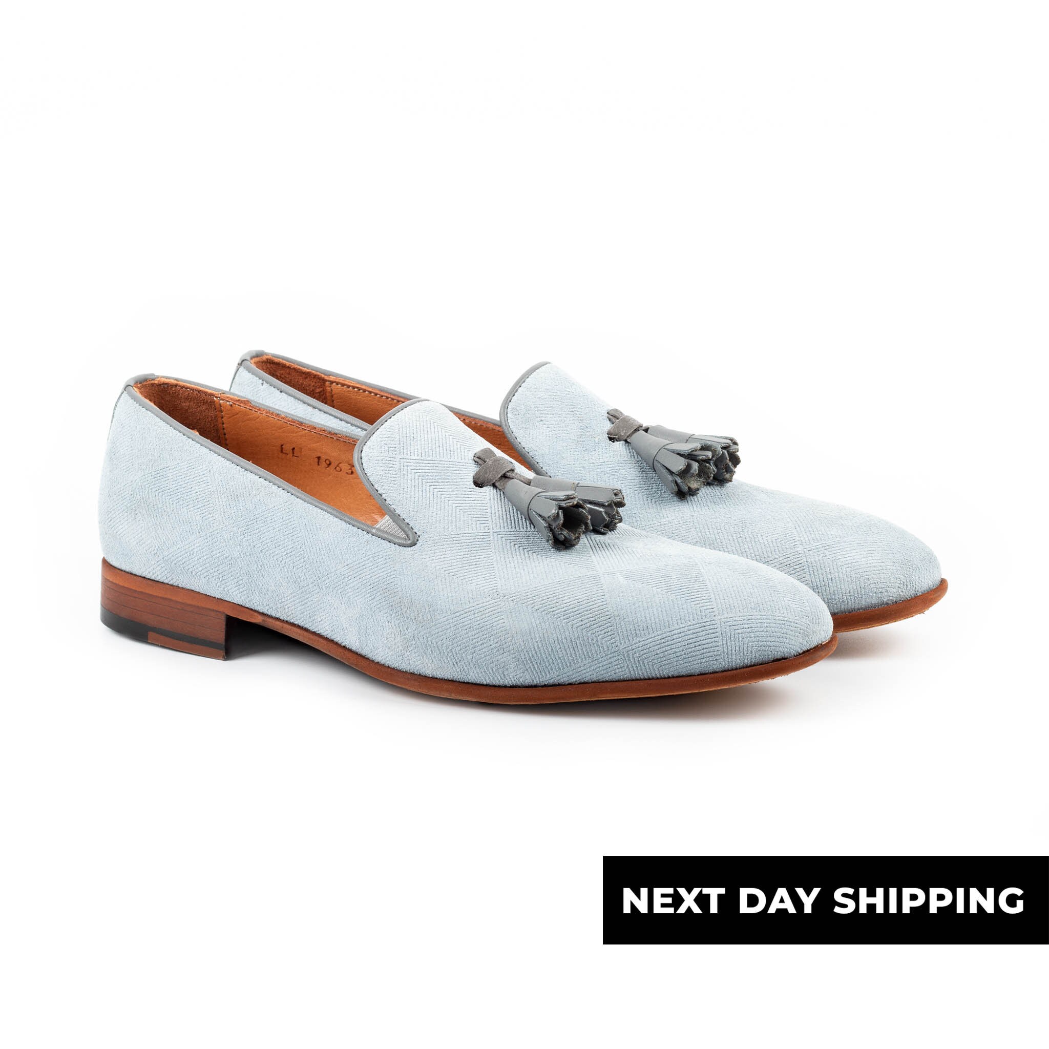 Zerbay Hekla Men's Blue Patterned Suede Leather Tassel Loafer Handcrafted Dress Shoes Microlight Outsole Full Size Blake Stitched