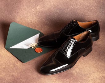 Zapatos Oxford Victoria de charol negro para hombre, zapatos de vestir tipo esmoquin con costuras Blake