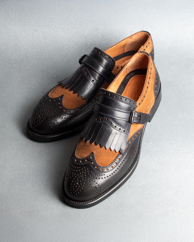 Men's Kabru Navy-Tan Leather Monk Strap Dress Shoes image 2