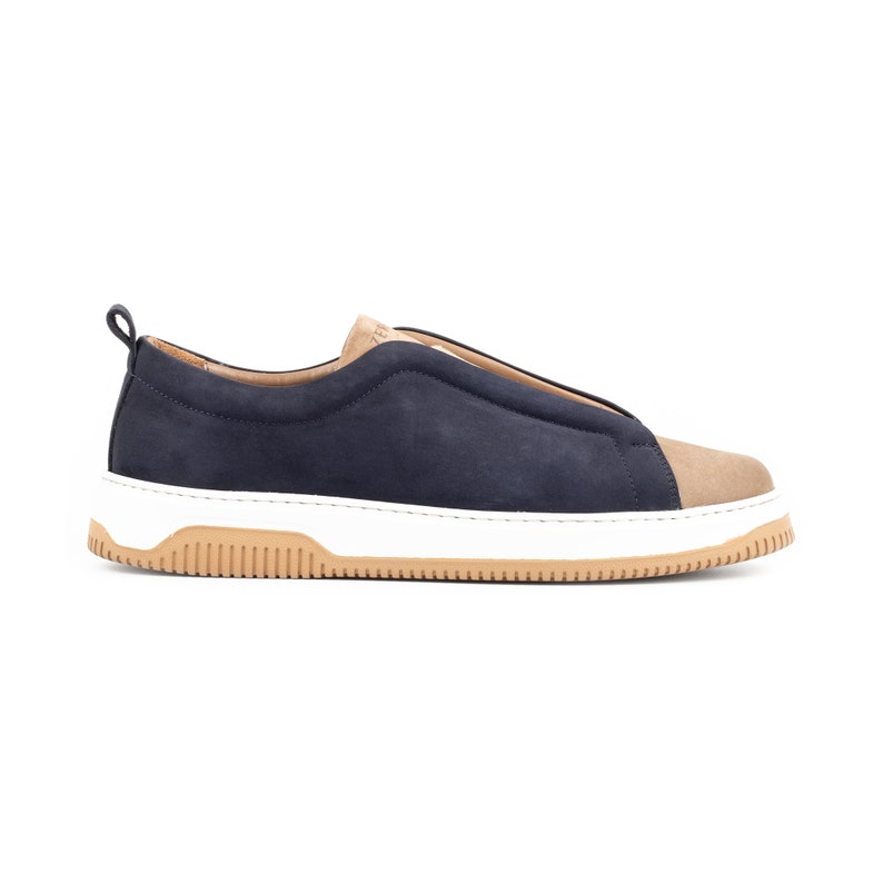 Zerbay Kamet Men's Navy & Cream Casual Slip On Nubuck Leather Handcrafted Shoes Gift Eva Outsole Full Standard Size Side Wall Sole Stitched image 2