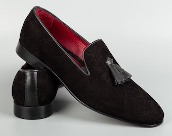 Men's Hekla Black Suede Leather Tassel Loafers, Blake Stitched