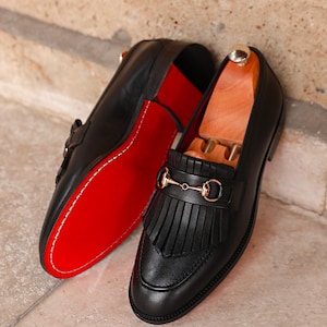 Men's Jengish Black Leather Loafers, Top Grain Calf Leather, Blake Stitched