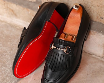 Men's Jengish Black Leather Loafers, Top Grain Calf Leather, Blake Stitched
