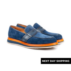 Zerbay Suthep Men&#39;s Navy Suede Leather Slip On Loafer Handcrafted Dress Shoes Leather & Eva Outsole Gift Full Standard Size Cemented
