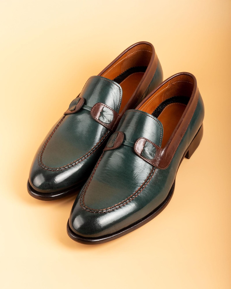 Men's Tahan Green Crust Buffalo Leather Loafers, Blake Stitched Dress Shoes image 3