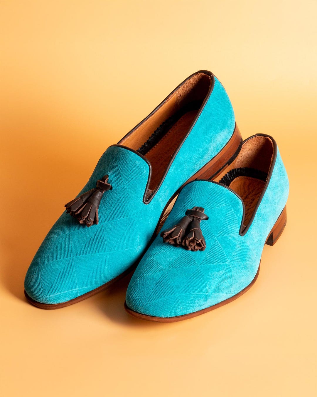 Men's Hekla Turquoise Suede Tassel Loafer, Blake Stitched Dress Shoes Men's Hekla Turquoise Suede Tassel Loafer, Blake Stitched Dress Shoes