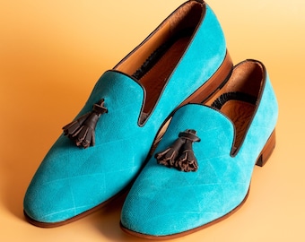 Men's Hekla Turquoise Suede Tassel Loafer, Blake Stitched Dress Shoes