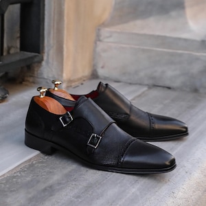 Men's Granite Black Calf Leather Double Monk Strap Dress Shoes, Blake Stitched